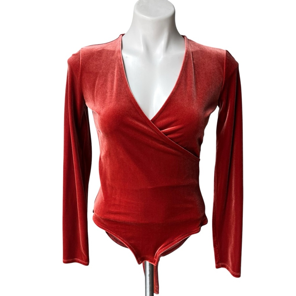 Madewell Rusty Orange Long Sleeve Velvet Wrap Bodysuit, Sz S - Picture 4 of 15